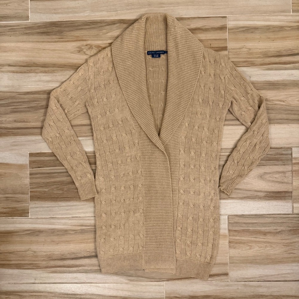 Ralph Lauren Tan Linen Alpaca Cable Knit Shawl Collar Cardigan Sweater Small